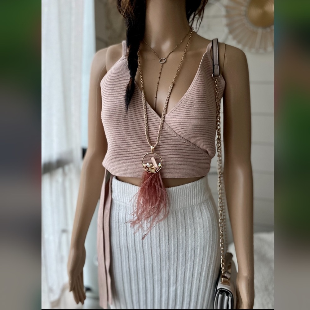 Blush Pink Ribbed Stretchy Wrap Crop Top US 8